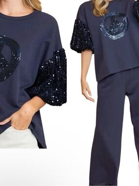Umgee Navy Sequin-Accent Wide Leg Set